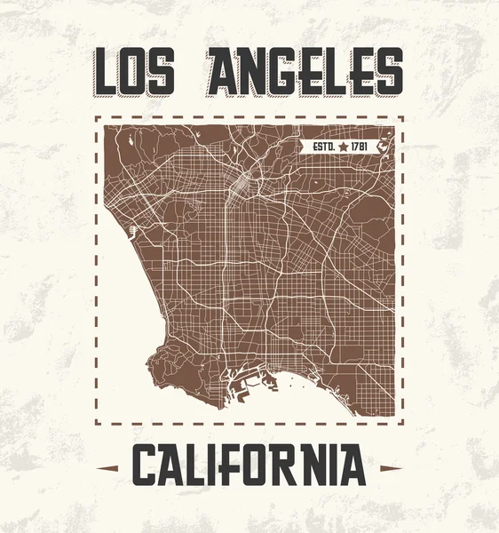Los Angeles vintage diseño gráfico camiseta con mapa de la ciudad. Camiseta estampada, tipografía, etiqueta, placa, emblema. Ilustración vectorial . — Vector de stock