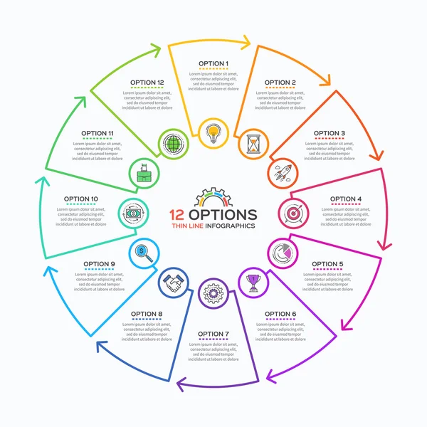 Plantilla de infografía de línea delgada con 12 opciones . — Archivo Imágenes Vectoriales