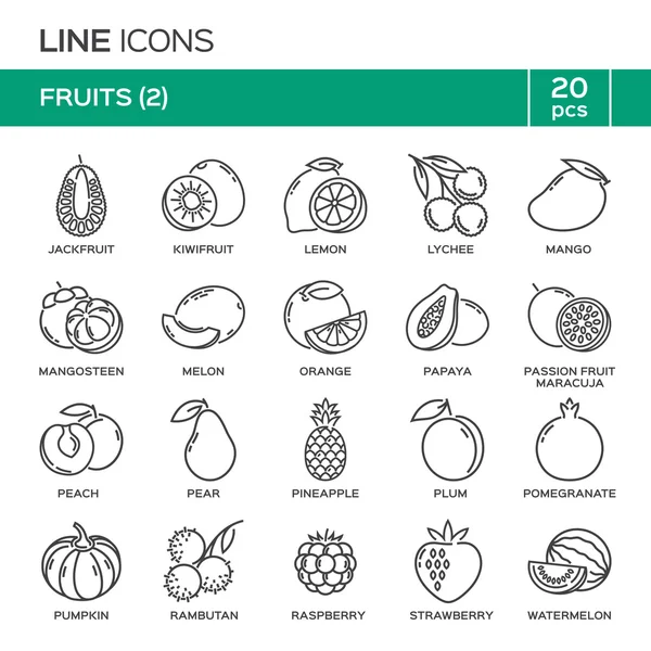 Conjunto de iconos de línea delgada de fruta en orden alfabético. Símbolos de frutas, etiquetas, emblemas . — Vector de stock