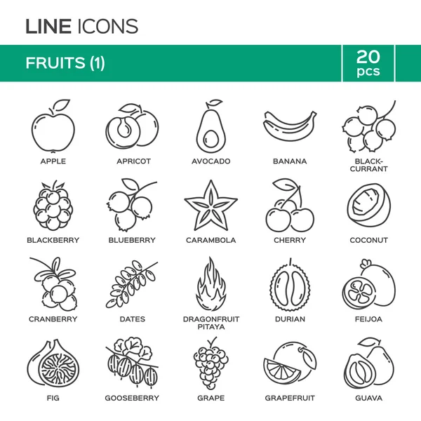 Conjunto de iconos de línea delgada de fruta en orden alfabético. Símbolos de frutas, etiquetas, emblemas . — Vector de stock