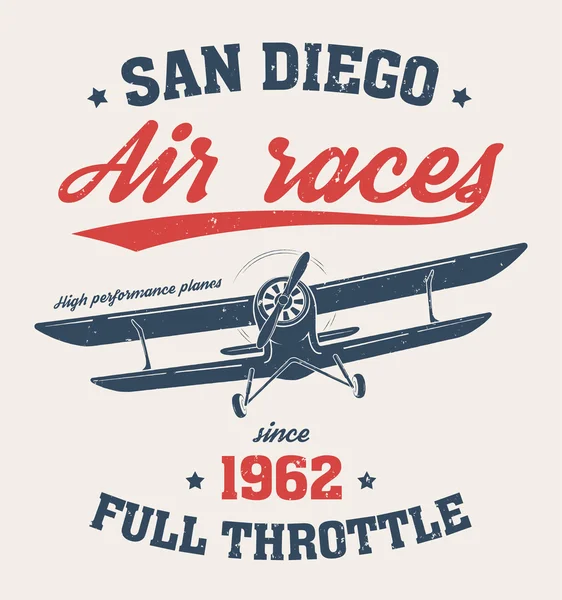Σαν Ντιέγκο μπλουζάκι σχεδιασμό, εκτύπωση, τυπογραφία, ετικέτα με το παλιό αεροπλάνο. — Διανυσματικό Αρχείο
