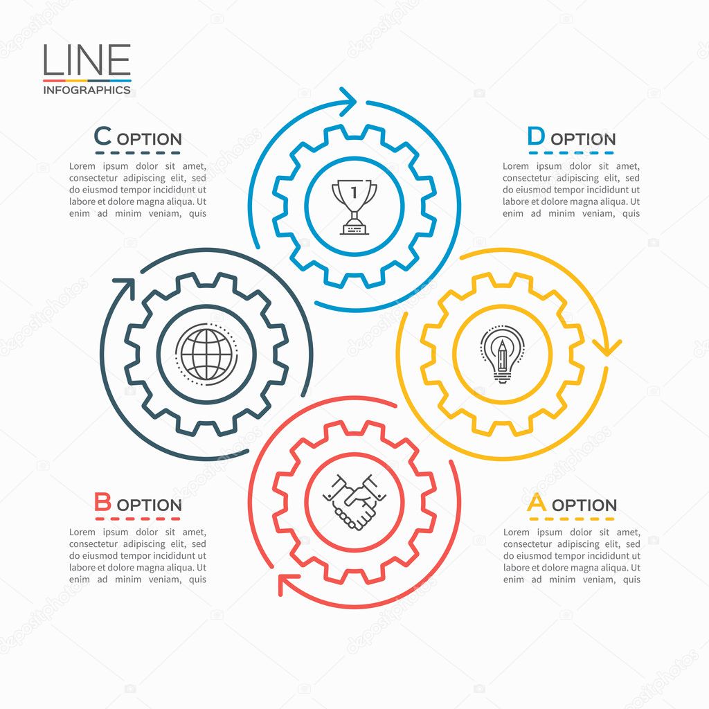 Thin line circle infographic template with gears cogwheels 4 steps, processes, parts, options. 
