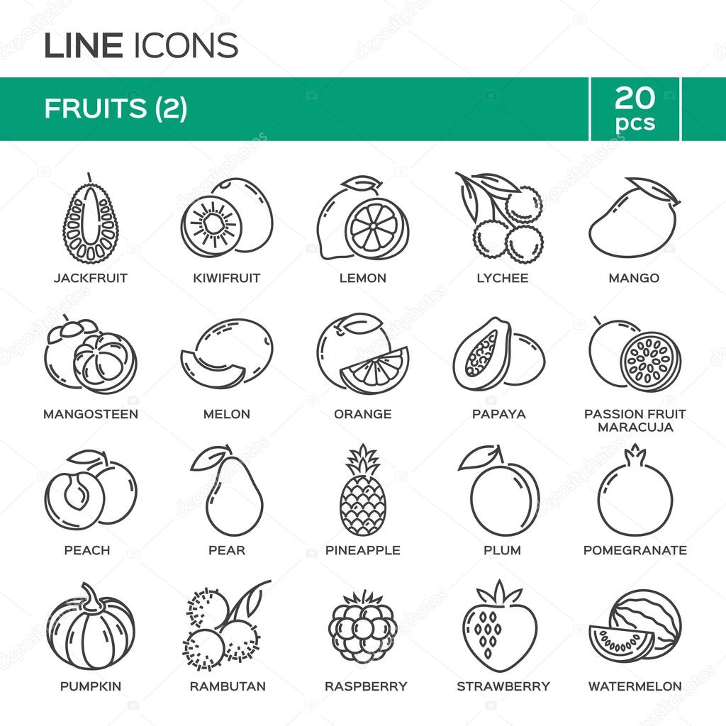 Set of fruit thin line icons in alphabetical order. Fruit symbols, labels, emblems.