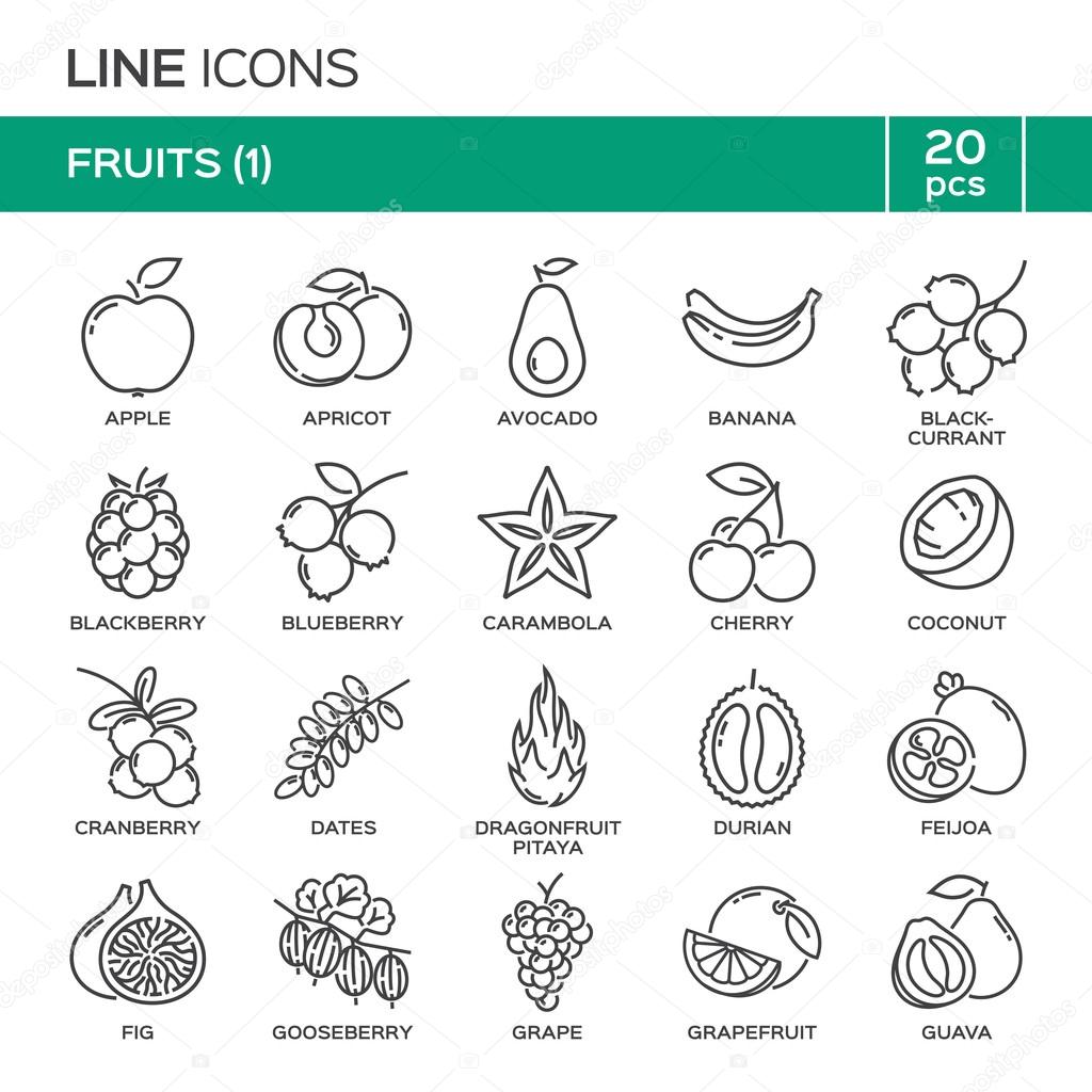 Set of fruit thin line icons in alphabetical order. Fruit symbols, labels, emblems. 