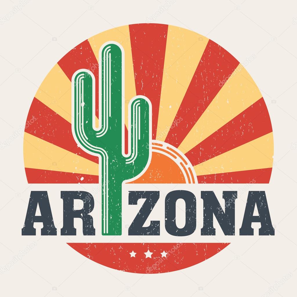 Arizona t-shirt design, print, typography, label with styled saguaro cactus and sun. 