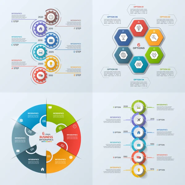 Conjunto de 4 plantillas de infografía de negocios con 6 pasos — Vector de stock