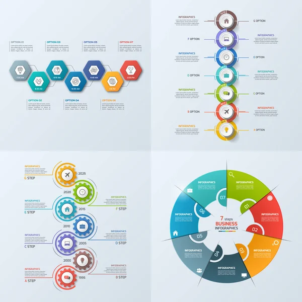 Ensemble de 4 modèles d'infographie d'entreprise en 7 étapes — Image vectorielle