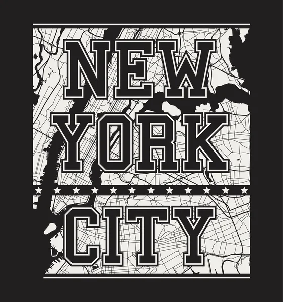 Nueva York tee print con calles de la ciudad. Diseño de camisetas, gráficos, sello, etiqueta, tipografía . — Vector de stock