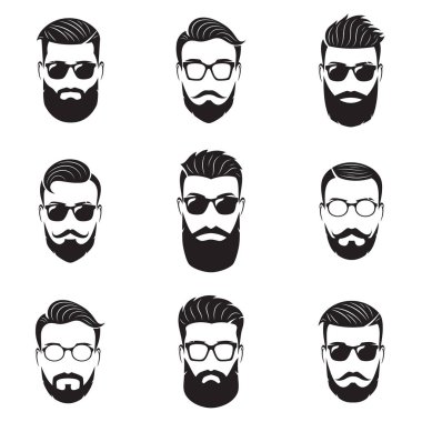 Erkekler yüzler, hipsters farklı saç kesimi ile vektör kümesi sakallı