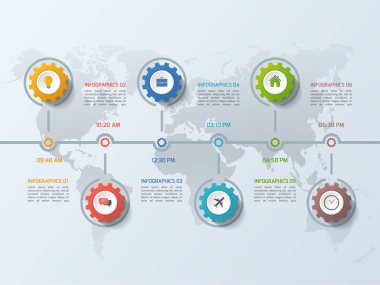 Zaman çizelgesi iş Infographic şablonu vites cogwheels 6 adımları, işlemler, parçalar, seçenekleri ile. Vektör çizim.