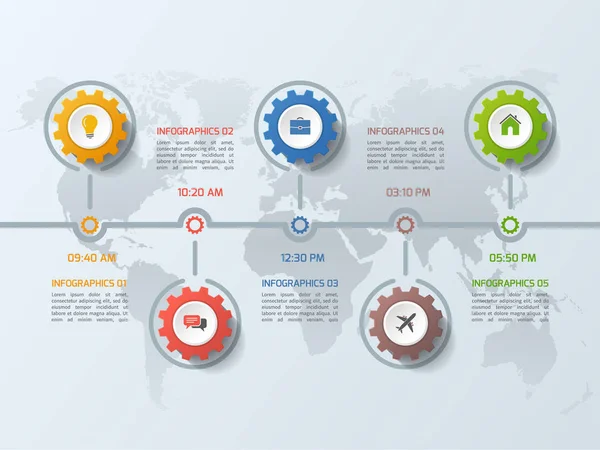 Timeline business infographic template with gears cogwheels 5 passos, processos, peças, opções. Ilustração vetorial . —  Vetores de Stock