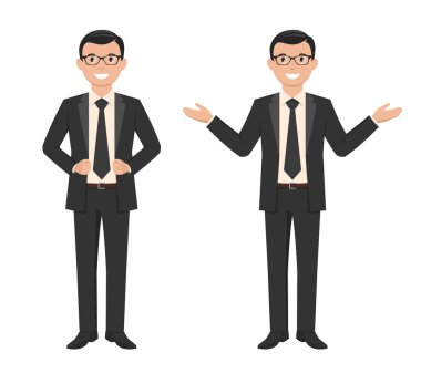 Siyah takım elbiseli bir genç çizgi film tarzı gülümseyen işadamı vektör çizim