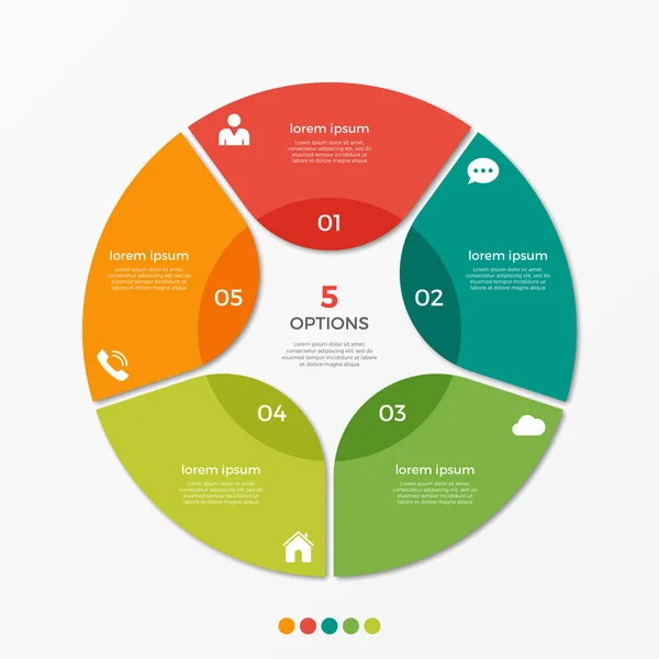 Cirkel grafiek infographic template met 5 opties voor presentaties — Stockvector