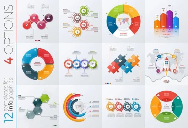 Kolekce 12 vektorové šablon pro infografiku s 4 možnosti — Stockový vektor