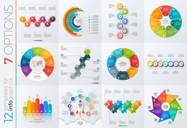 Sammlung von 12 Vektorvorlagen für Infografiken mit 7 Optionen — Stockvektor