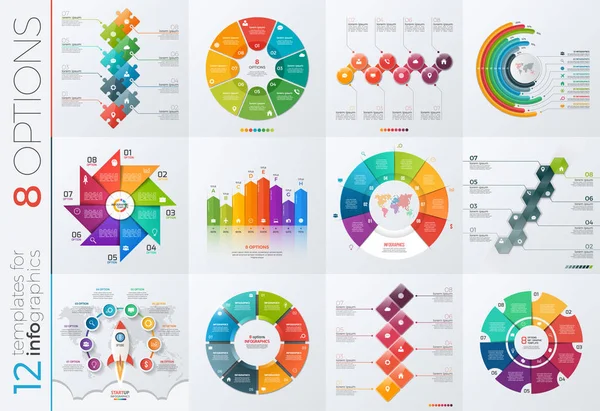 Sammlung von 12 Vektorvorlagen für Infografiken mit 8 Optionen — Stockvektor