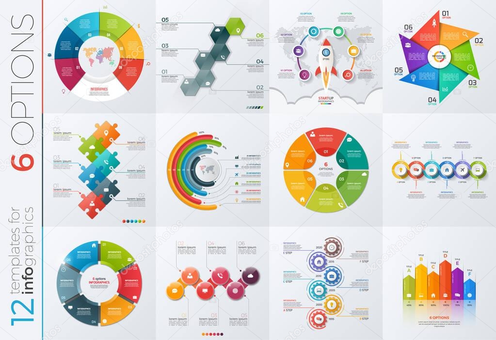 Collection of 12 vector templates for infographics with 6 options