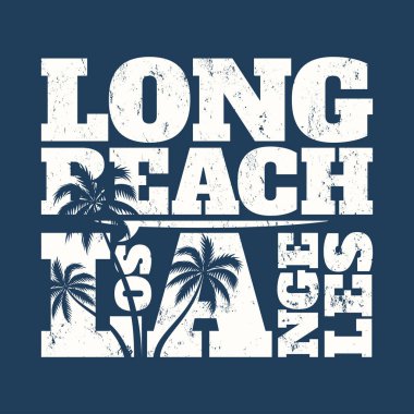 Long Beach tee sörf tahtası ve avuç içi ile yazdırma. T-shirt tasarım, grafik, damga, etiket, tipografi.