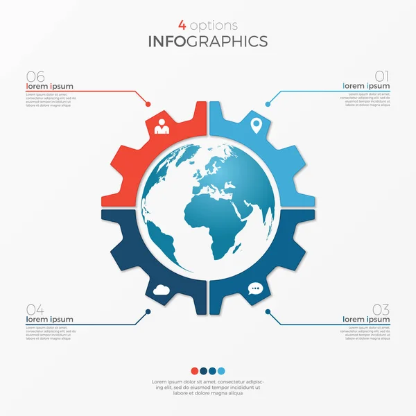 Modèle infographique de diagramme circulaire avec globe 4 options pour les présentations, la publicité, les mises en page, les rapports annuels — Image vectorielle