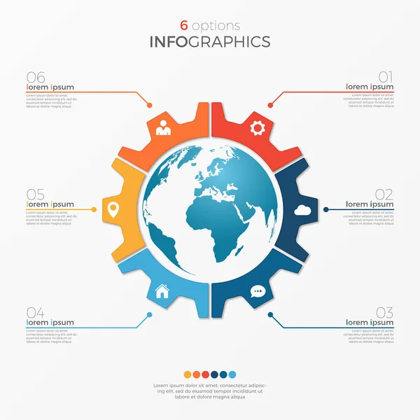 Modèle infographique de diagramme circulaire avec globe 6 options pour les présentations, la publicité, les mises en page, les rapports annuels — Image vectorielle