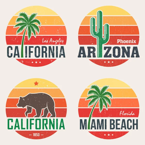 California, Arizona, Miami t-shirt tişört baskı kümesi — Stok Vektör