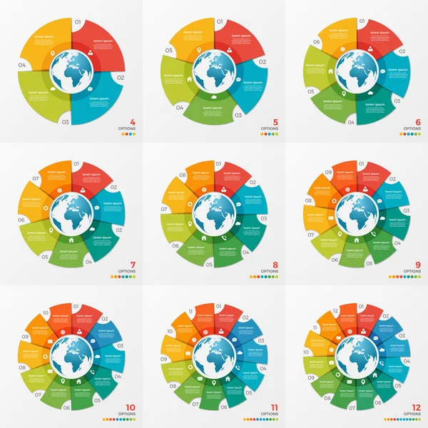 Set von Kreisdiagramm-Infografiken mit Globus — Stockvektor