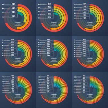 Sunu bilgilendirici Infographic daire grafikleri kümesi