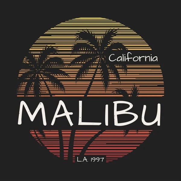 Stampa tee Malibu california con palme — Vettoriale Stock