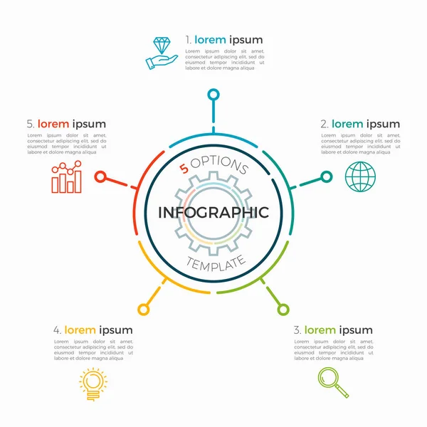 Dunne lijn infographic sjabloon 5 opties. Bewerkbare diagram beroerte. — Stockvector