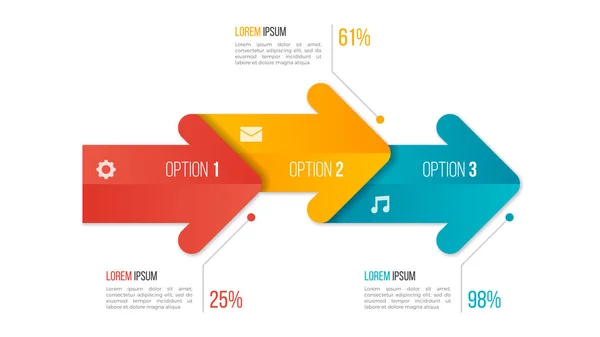 Tijdlijn infographic grafieksjabloon met pijlen. 3 opties. — Stockvector