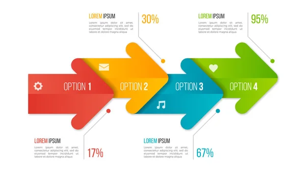 Tijdlijn infographic grafieksjabloon met pijlen. 4 opties. — Stockvector