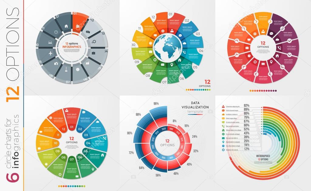 Collection of 6 vector circle chart templates 12 options.