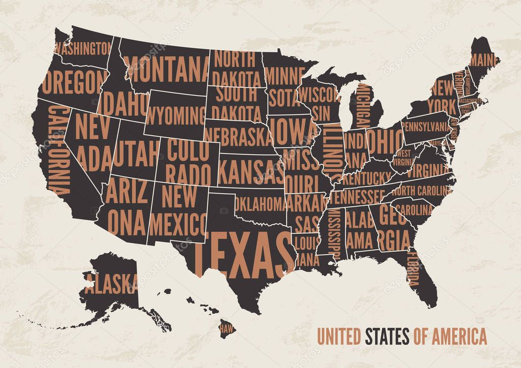 United  States of America map print poster vintage design.