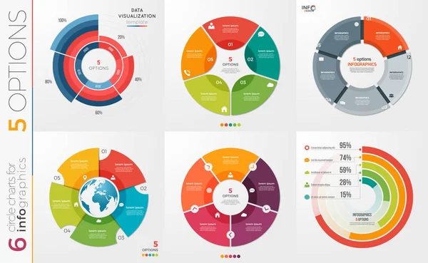 Coleção de 6 modelos de gráfico de círculo vetorial para infográficos w — Vetor de Stock