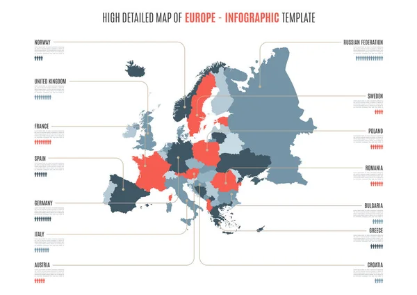 Wysokiej szczegółowe mapy Europy. Wektor wzór infografiki. Edytowalne obrysu. — Wektor stockowy