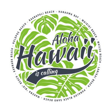Hawaii tee baskı ile tropikal yaprak ile.