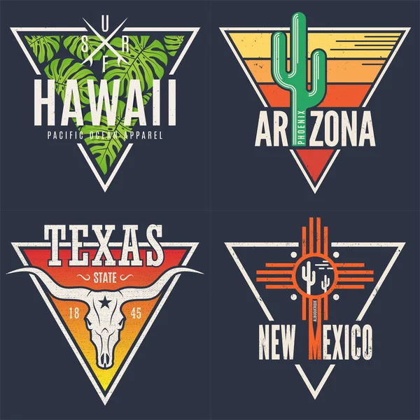 Set van Hawaii Arizona Texas New Mexico tee prints. — Stockvector