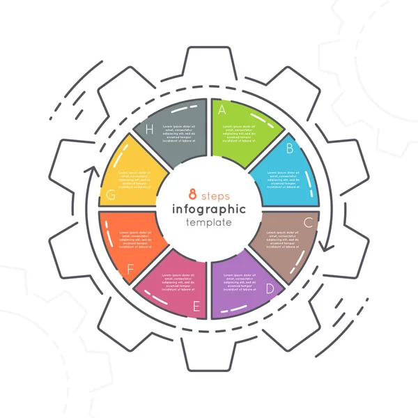 Plantilla de infografía de estilo plano en forma de engranaje con 8 pasos . — Vector de stock