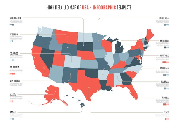 Mappa dettagliata di Stati Uniti d'America — Vettoriale Stock