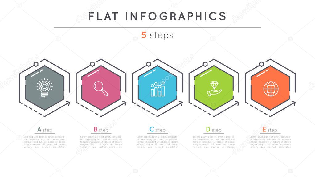 Flat style 5 steps timeline infographic template.