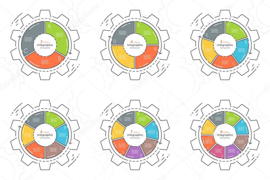 Set of gear shaped flat style infographic templates 3-8 steps.