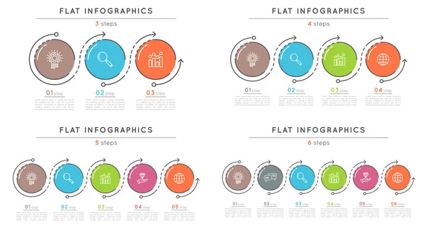 Conjunto de plantillas de infografía de línea de tiempo de estilo plano de 3-6 pasos . — Archivo Imágenes Vectoriales