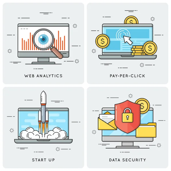 Web analytics. Pay per click. Start up. Data security. Vector fl — Stock Vector