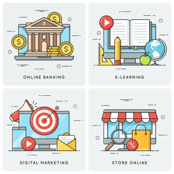 Online Bankacılık. E-öğrenme. Dijital pazarlama. Online mağaza. VEC — Stok Vektör