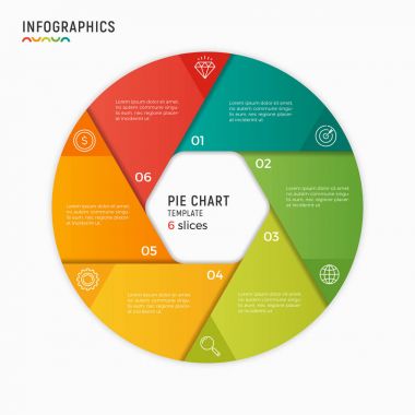 Vektör daire grafik Infographic şablonu. 6 seçeneği, adımları, Bölüm