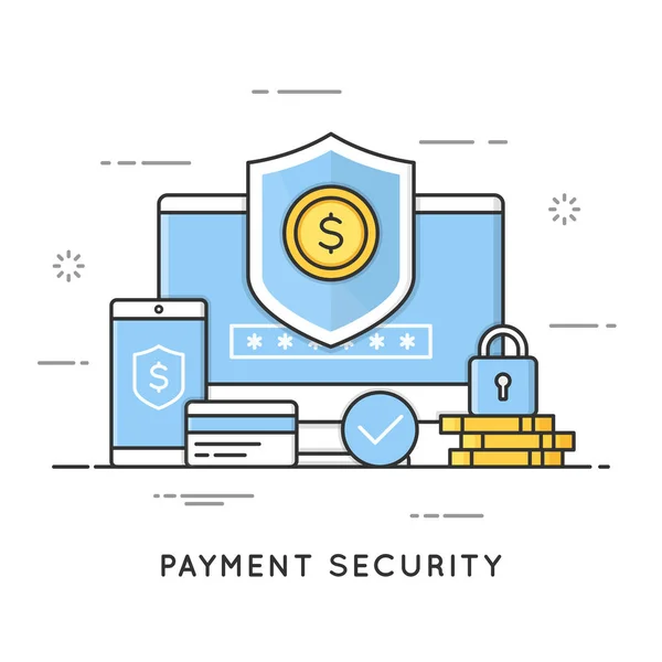 Seguridad de pagos, protección de datos y transacciones. Línea plana ar — Vector de stock