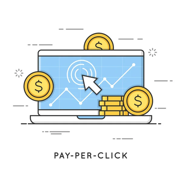 Pago por clic, marketing en Internet. Concepto de estilo de arte de línea plana . — Vector de stock