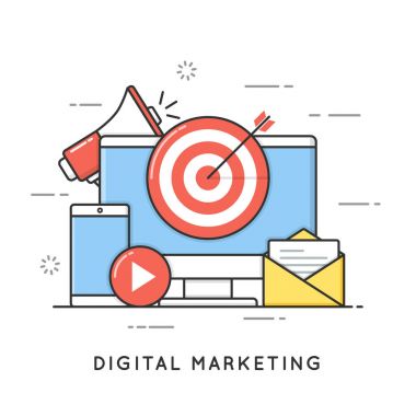 Dijital pazarlama, internet reklam ve tanıtım. Düz çizgi sanat stil kavramı. Düzenlenebilir kontur.