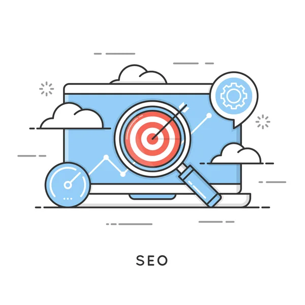 SEO, optimización de motores de búsqueda, marketing de contenidos, análisis web. concepto de estilo de arte de línea plana. Carrera editable . — Archivo Imágenes Vectoriales