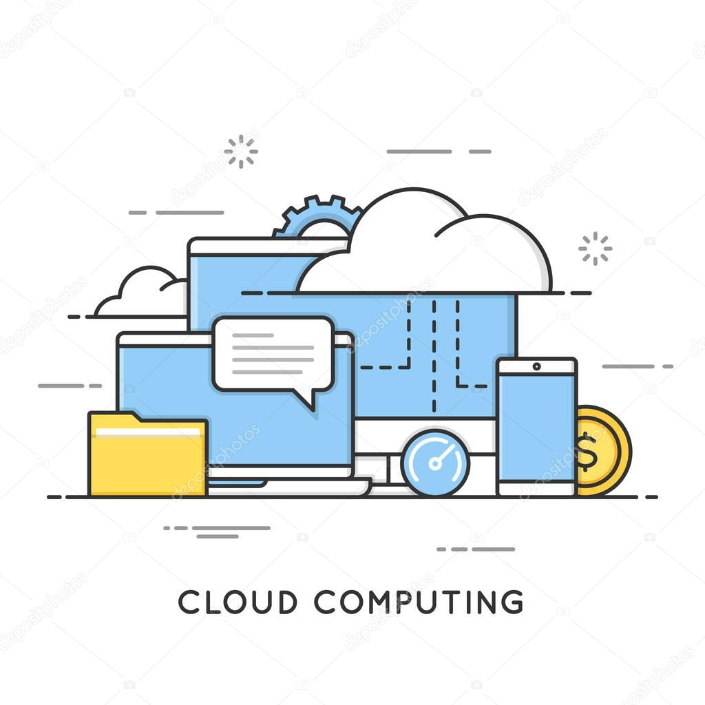 Cloud computing, data storage, web services. Flat line art style concept. Editable stroke.